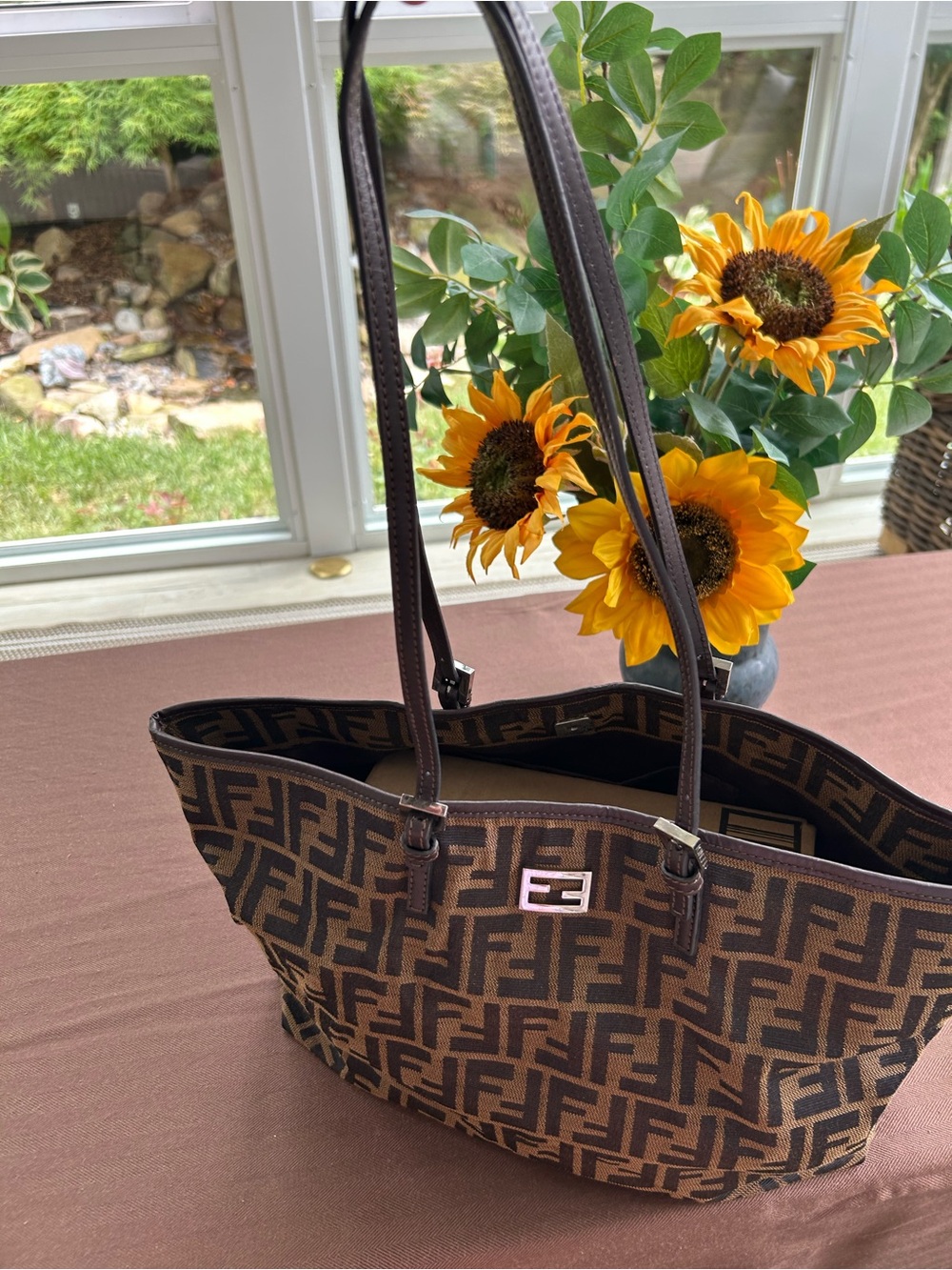 Fendi Brown Zucca FF Canvas Tote with Dark Brown Leather Straps